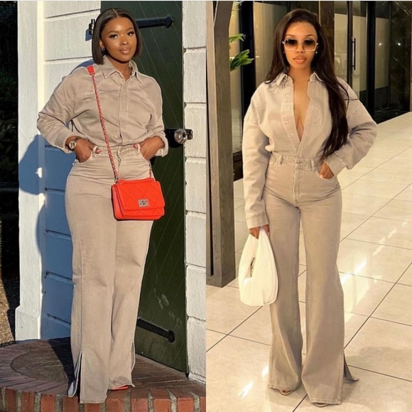 Zara LONG DENIM JUMPSUIT Taupe - Picture 4 of 11